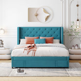 Queen Size Storage Bed Velvet Upholstered Platform Bed with Wingback Headboard and a Big Drawer - Blue